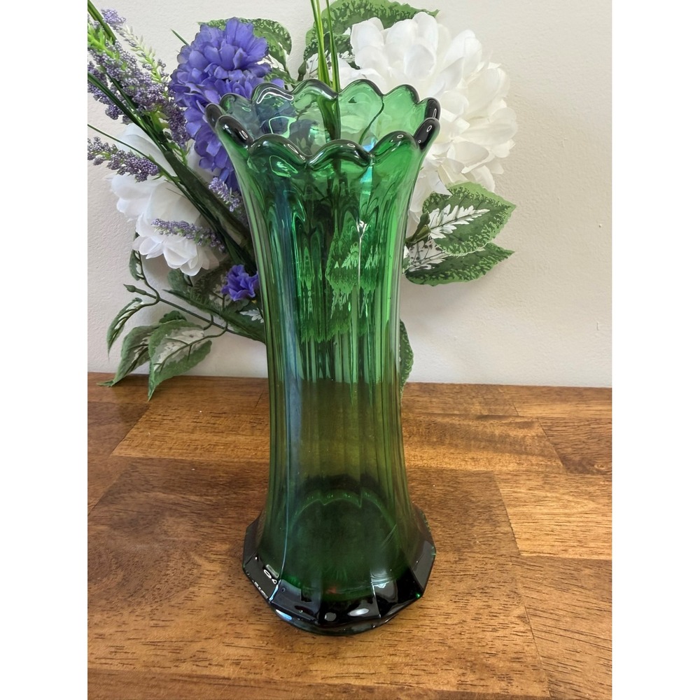 Vintage Green Emerald Glass Vase Ruffled Top Paneled Body and Starburst Base